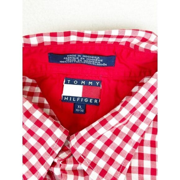 Vintage 90s Tommy Hilfiger Button Front Shirt XL Checkered Tablecloth Red White - Picture 5 of 9